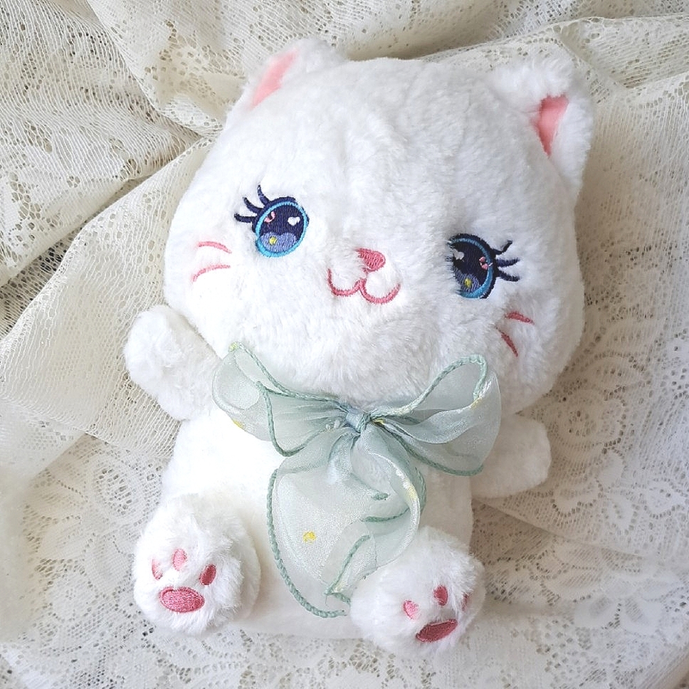 Cute 8" Plush White Sitting Kitty Cat With Green Bow Blue Kawaii Eyes Pink Nose